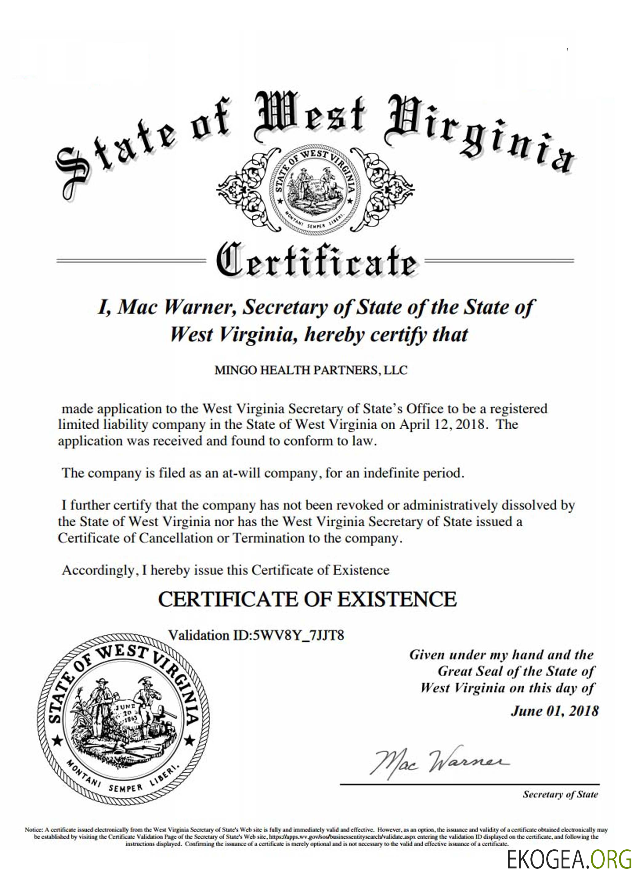 Certificat de bonne réputation de Virginie Occidentale aux États Unis